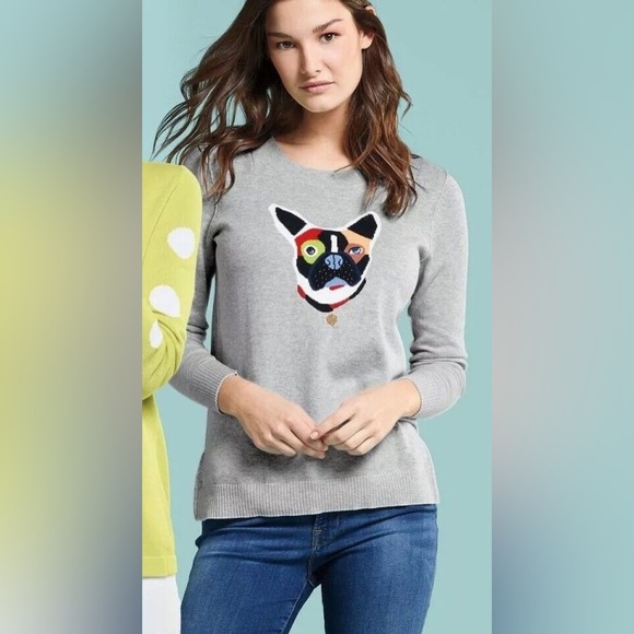 Anthropologie Lisa Todd Frenchie French Bulldog Patchwork Abstract Sweater Sz XS - Picture 1 of 12